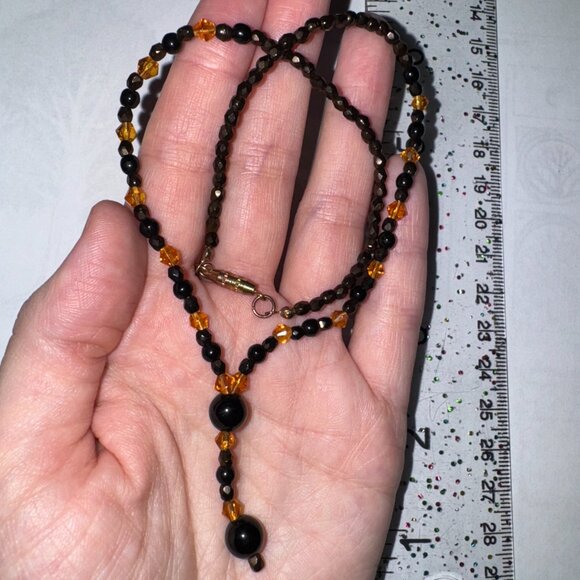 15 1/2" Black  and Bronze Y-Design Beaded Necklace - Picture 7 of 8